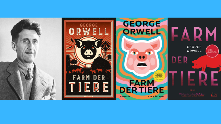3 Buchcover von Neuübersetzungen des Romans "Farm der Tiere" von George Orwell und ein Portrait des Schriftstellers