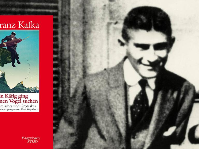 Franz Kafka lächelt verschmitzt in die Kamera. Davor das Buchcover.