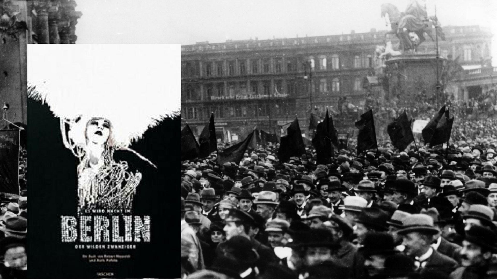 Buchcover "Es wird Nacht im Berlin der Wilden Zwanziger" vor Hintergrund: Maifeier der drei sozialdemokratischen Parteien vor dem Stadtschloss in Berlin am 01.05.1922