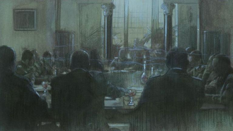 Düsteres Aquarellbild mehrerer Männer, die um einen runden Tisch sitzen.