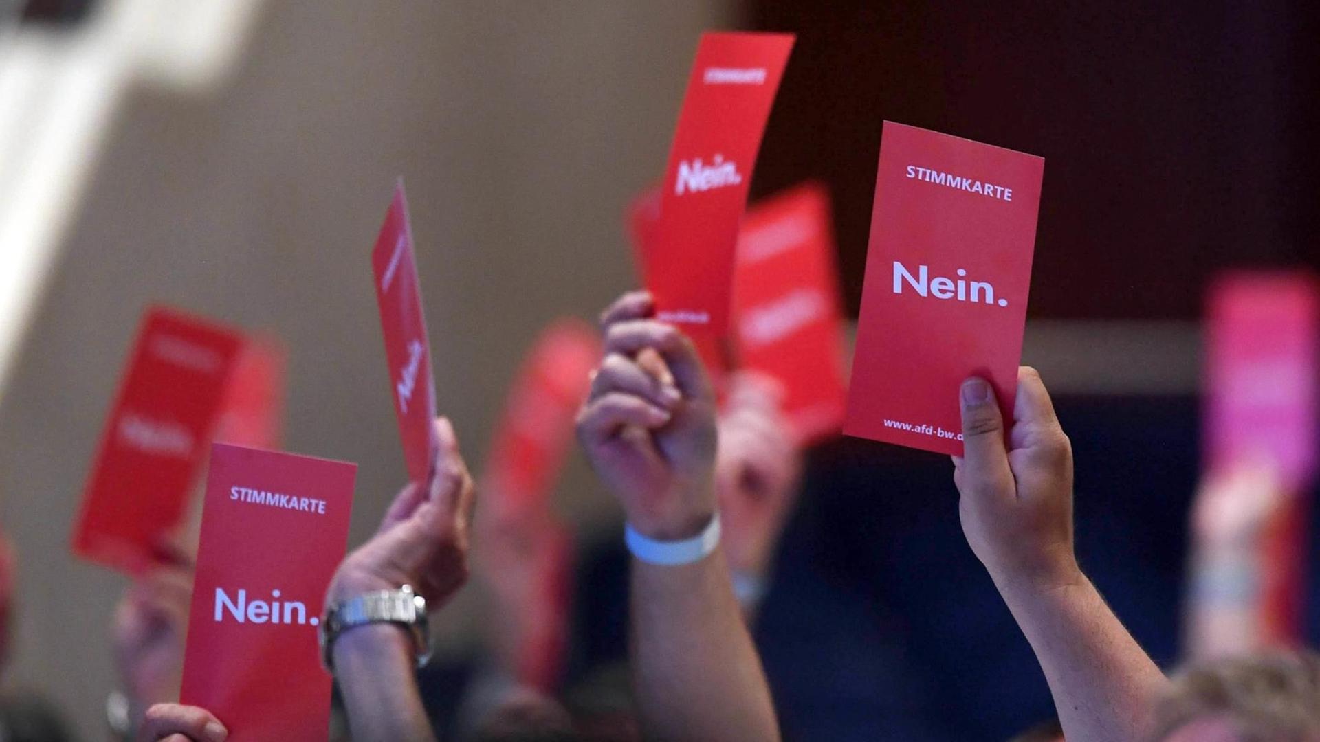 Beim 14. Landesparteitag der AfD Baden-Württemberg werden rote Stimmkarten mit der Aufschrift Nein in die Höhe gehalten.