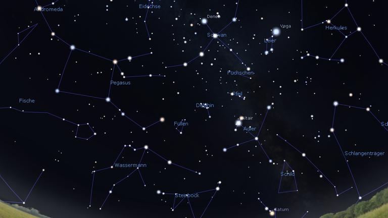 Das Sternbild Delfin ist derzeit um Mitternacht am Südhimmel links oberhalb vom Adler zu finden Das Sternbild Delfin ist derzeit um Mitternacht am Südhimmel links oberhalb vom Adler zu finden