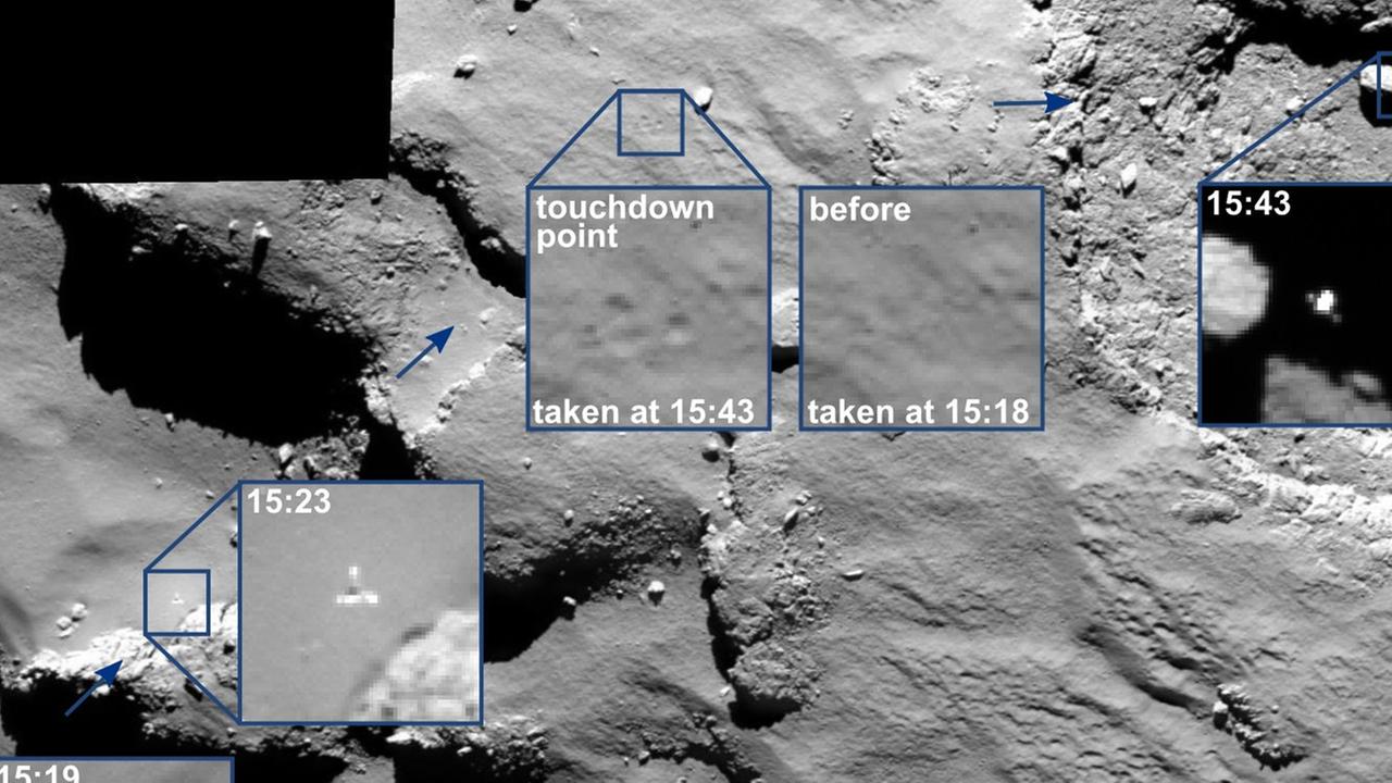 Das Mosaik aus Bildern der OSIRIS-Kamera zeigt (von links nach rechts) Lander Philae bei seinem Abstieg in Richtung Kometen. Das um 15.43 Uhr (UTC) aufgenommene Bild bestätigt, dass sich der Lander in Richtung Osten bewegte.