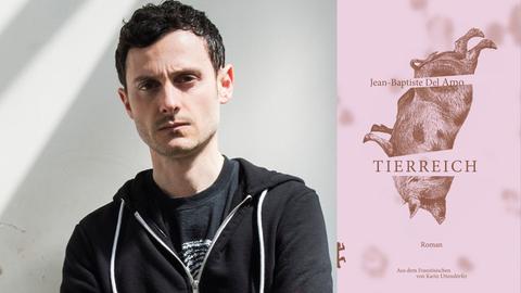 Zu sehen ist der Autor Jean-Baptiste Del Amo und das Cover seines Romans "Tierreich".
