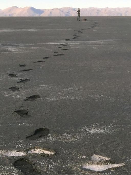 Fußspuren auf dem ausgetrockneten Grund des Lago Poopó (Bolivien).