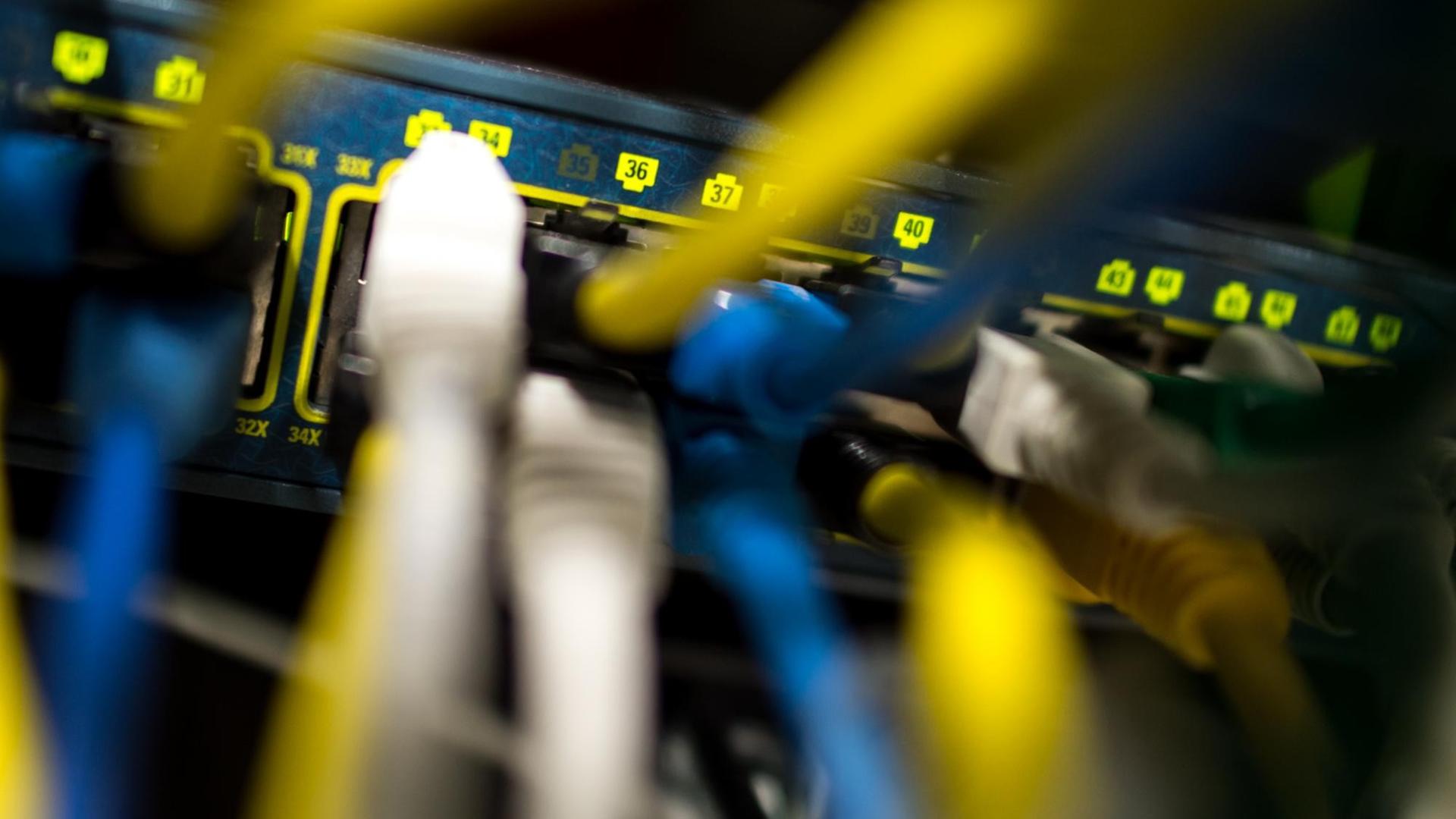 Netzwerkkabel stecken am 16.10.2015 in einem Serverraum in München (Bayern) in einem Switch
