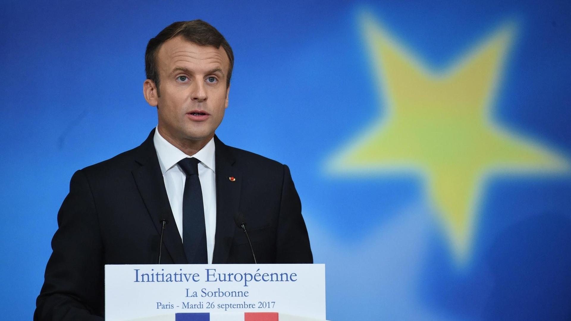 Frankreichs Präsident Emmanuel Macron bei seiner Grundsatz-Rede an der Pariser Universität Sorbonne.