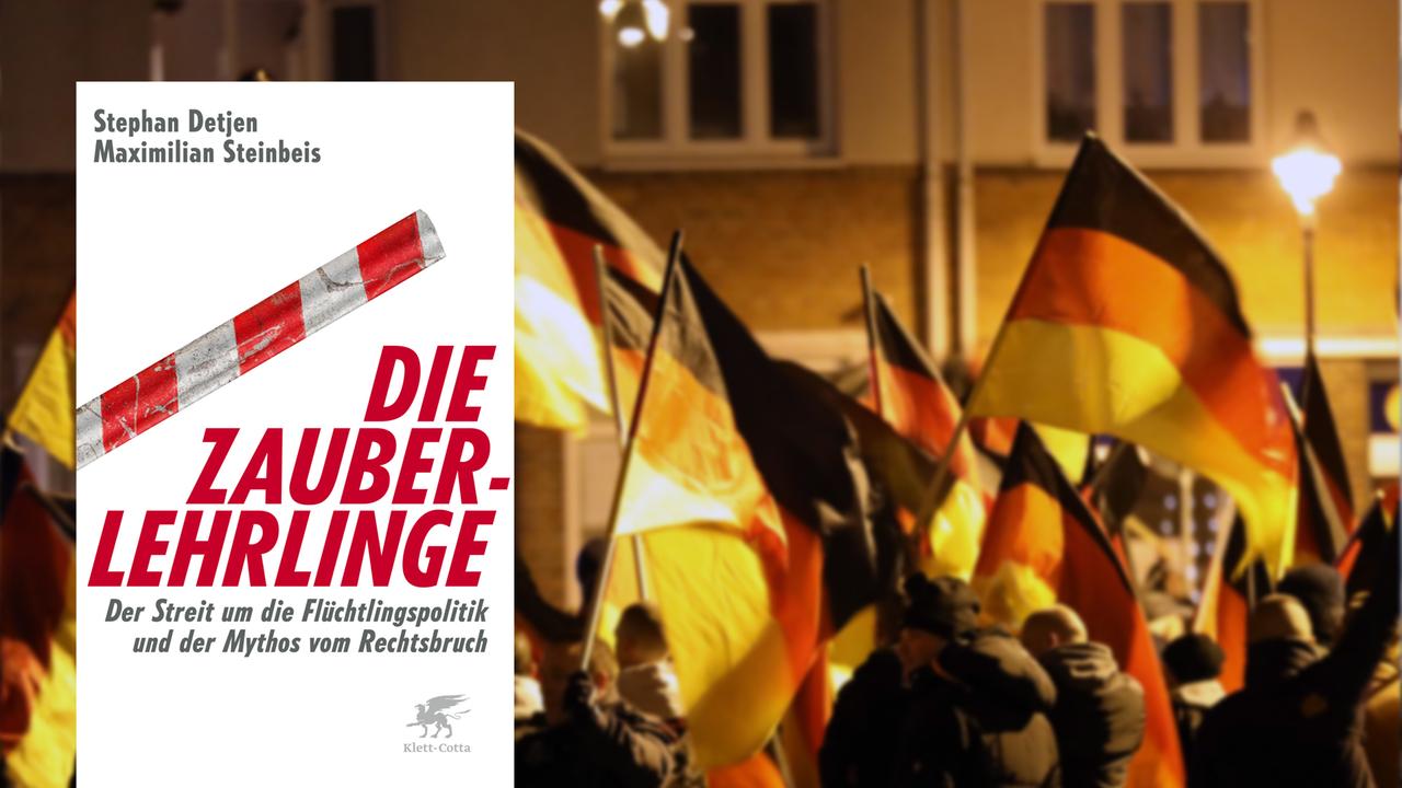 Im Vordergrund das Buchcover "Die Zauberlehrlinge", im Hintergrund ein Aufmarsch von Rechtsextremen in Rostock.