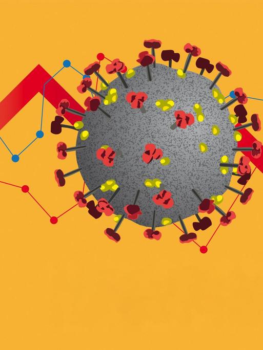 Ein Coronavirus, der von einer abwärts gerichteten Finanzkurve durchdrungen wird. (Illustration)