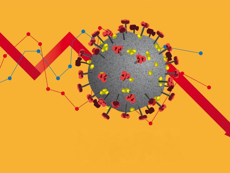 Ein Coronavirus, der von einer abwärts gerichteten Finanzkurve durchdrungen wird. (Illustration)