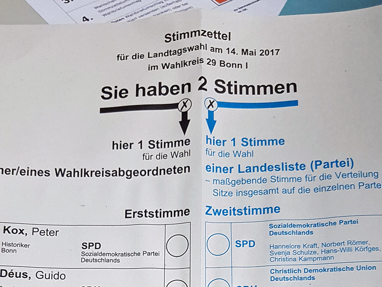 Ein Stimmzettel für die Landtagswahl in Nordrhein-Westfalen am 14. Mai.