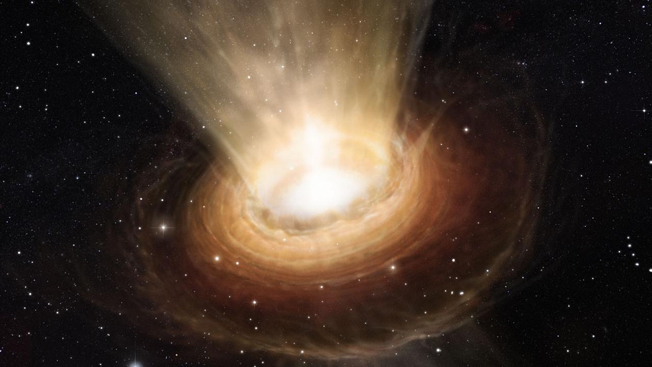 Die Illustration zeigt die Umgebung des supermassereichen Schwarzen Lochs im Herzen der aktiven Galaxie NGC 3783 im südlichen Sternbild Centaurus (der Zentaur).