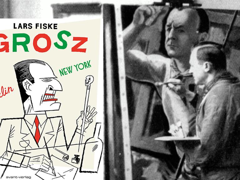 Eine Montage zeigt das das Cover von "Grosz" von Lars Fiske neben einem Foto von George Grosz in seinem Atelier