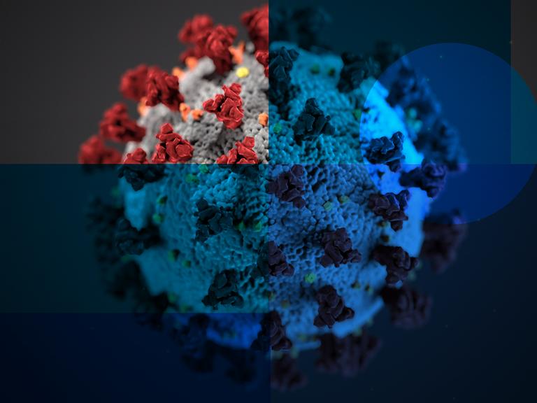 Das Bild zeigt eine Darstellung des Coronavirus. Auf dem Bild sind neben dem Virus halbdurchsichte Quadrate und Kreise in unterschiedlichen Blautönen zu erkennen.