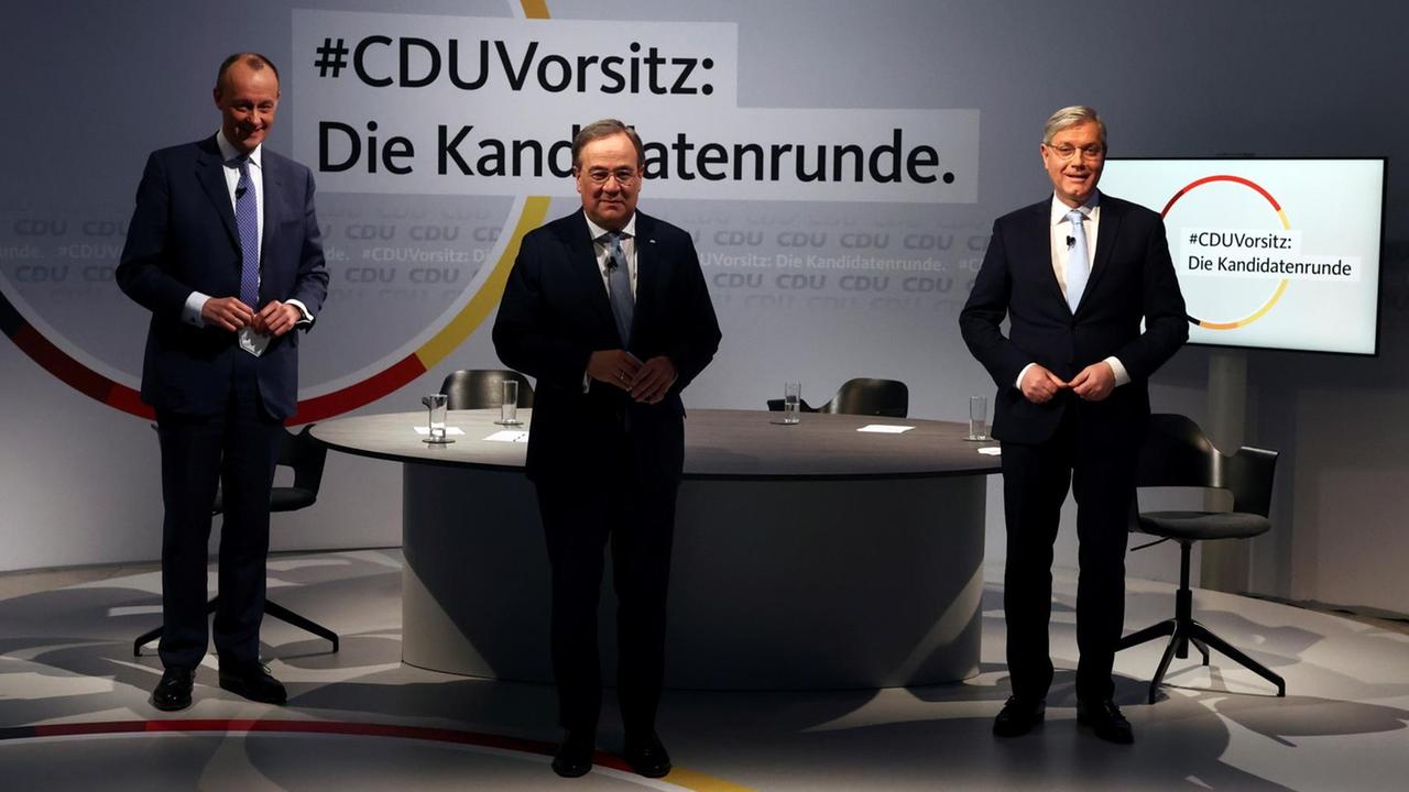 CDU-Kandidatenrunde mit den Politikern Merz, Laschet und Röttgen.