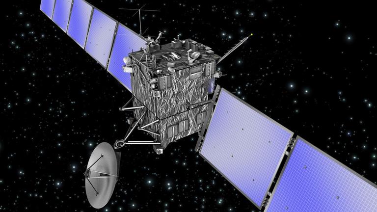 Die Raum-Sonde Rosetta mit zwei Flügeln aus Solarzellen und einem Körper mit einer Satellitenschüssel