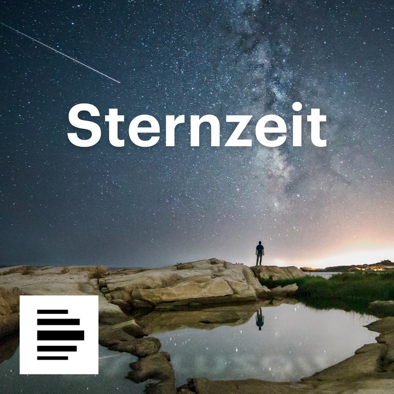 "Sternzeit" im Deutschlandfunk: Das Motiv zur Sendung zeigt einen Menschen vor einem Sternenhimmel, auf dem eine Sternschnuppe zu sehen ist.