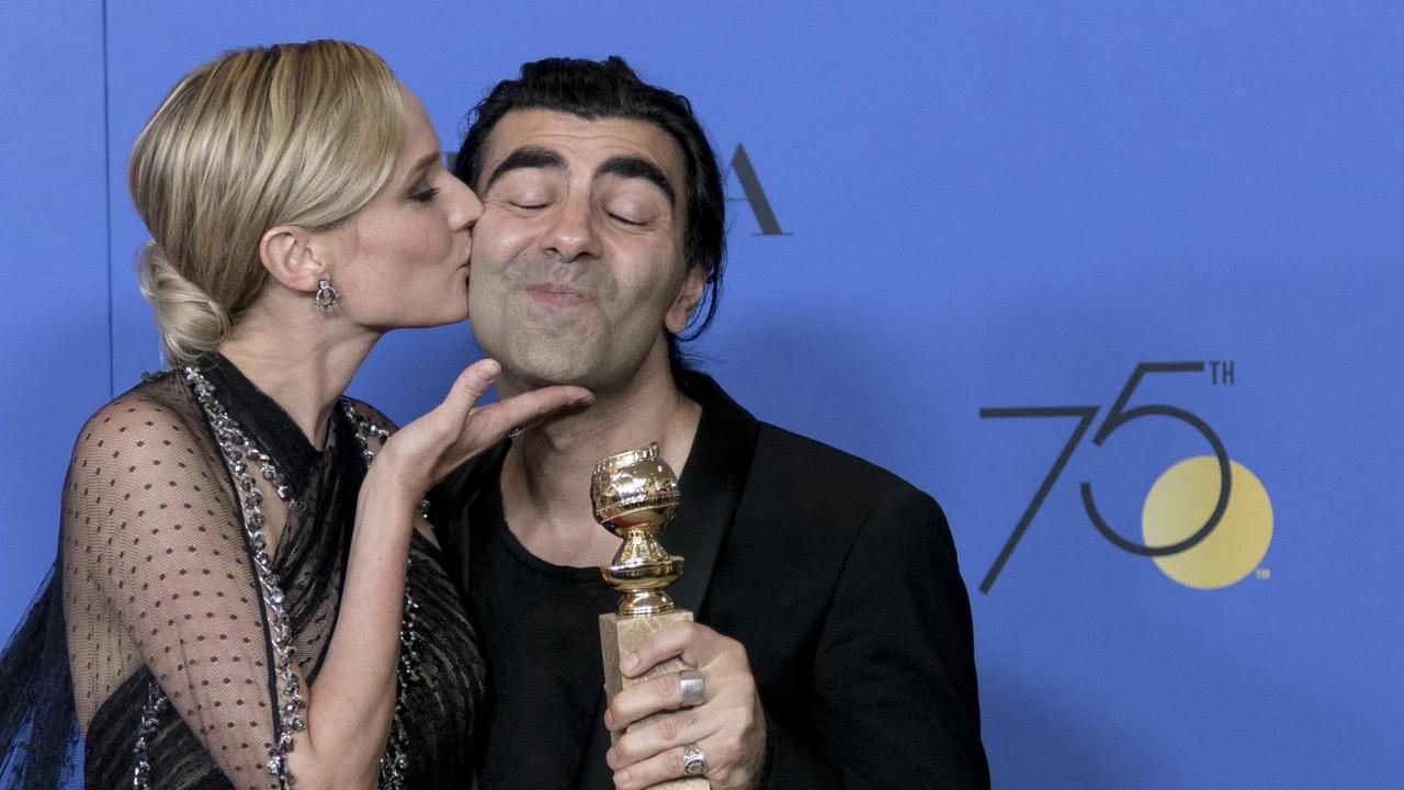 Diane Kruger and director Fatih Akin pose in the press room of the 75th Annual Golden Globe Awards, Golden Globes, at Hotel Beverly Hilton in Beverly Hills, Los Angeles, USA, on 07 January 2018. Photo: Hubert Boesl Foto: Hubert Boesl/dpa | Verwendung weltweit