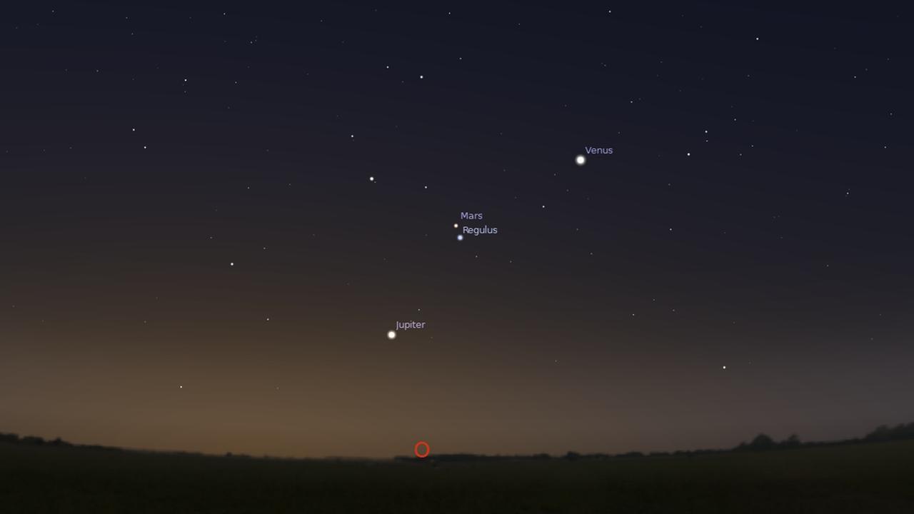 Mars und Regulus zwischen Venus und Jupiter morgen früh gegen 6 Uhr