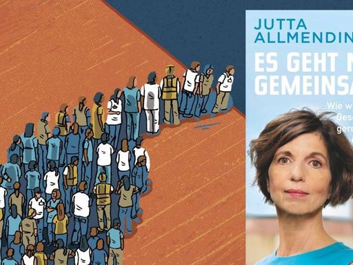 Buchcover: Jutta Allmendinger - "Es geht nur gemeinsam", Ullstein Verlag Hintergrundbild: Illustration einer Gruppe von Menschen, die sich zu einem Finger formieren