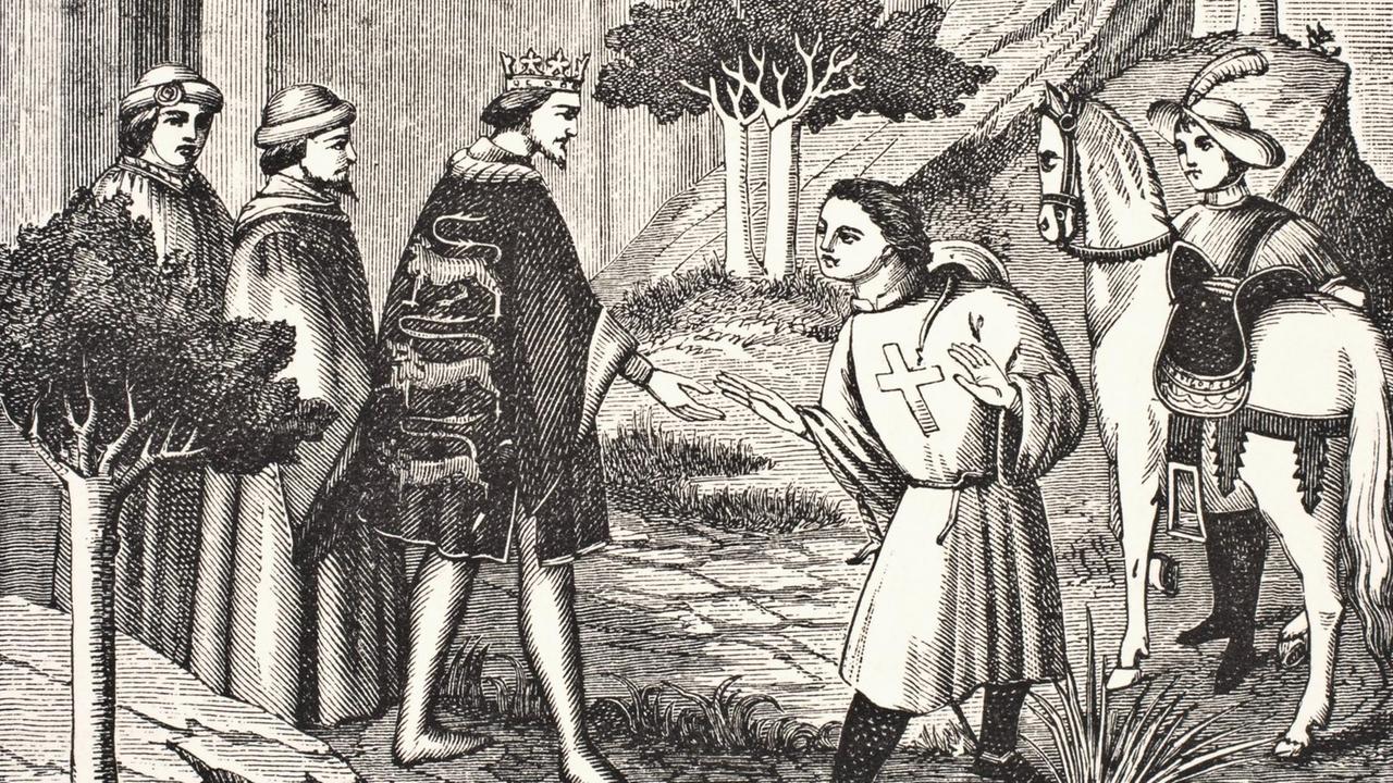 John De Mandeville - 1372 - Gefeierter englischer Reisender, der sich von König Edward III. verabschiedete, bevor er auf seine Reisen ging. Nach einer Miniatur aus der Merveilles Du Monde. Aus Wissenschaft und Literatur im Mittelalter von Paul Lacroix