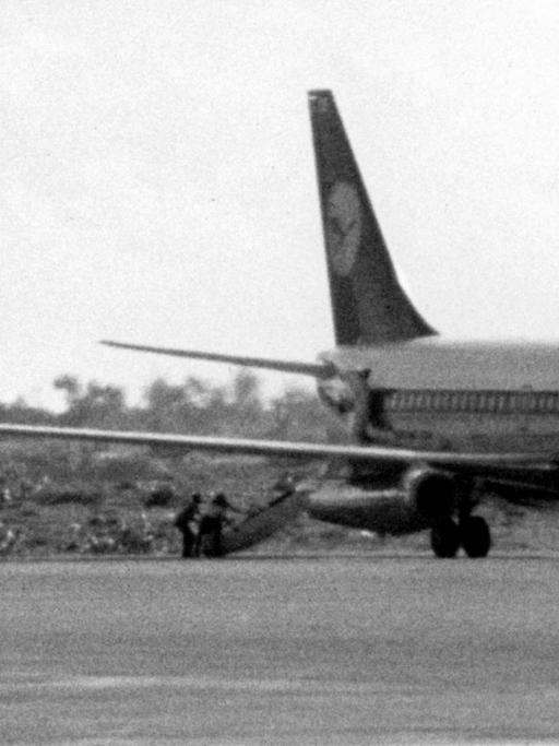 Die am 13. Oktober 1977 auf dem Flug von Mallorca nach Frankfurt/Main von vier Terroristen entführte Lufthansa Maschine "Landshut" auf dem Flughafen von Mogadischu. Fünf Besatzungsmitglieder und 82 Passagiere befinden sich in der Gewalt der Terroristen. Mit der Aktion sollen elf Angehörige der Rote Armee Fraktion (RAF) aus deutscher Haft sowie zwei in der Türkei festgehaltene Palästinenser freigepresst werden. | Verwendung weltweit
