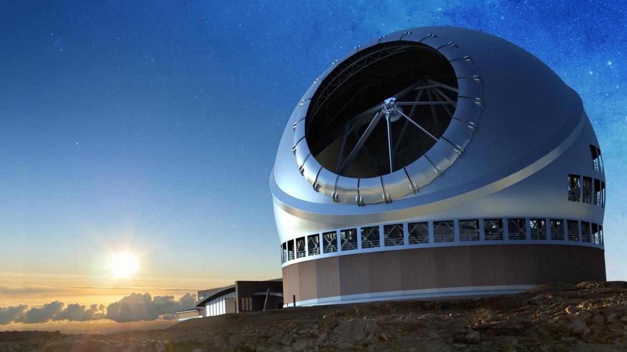 Bisher nur ein Traum der Astronomen: Das Thirty Meter Telescope kurz vor Sonnenuntergang (Animation)