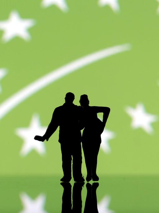 Der Schattenumriss eines Paare Arm in Arm vor dem Bio-Prüfsiegel der EU.