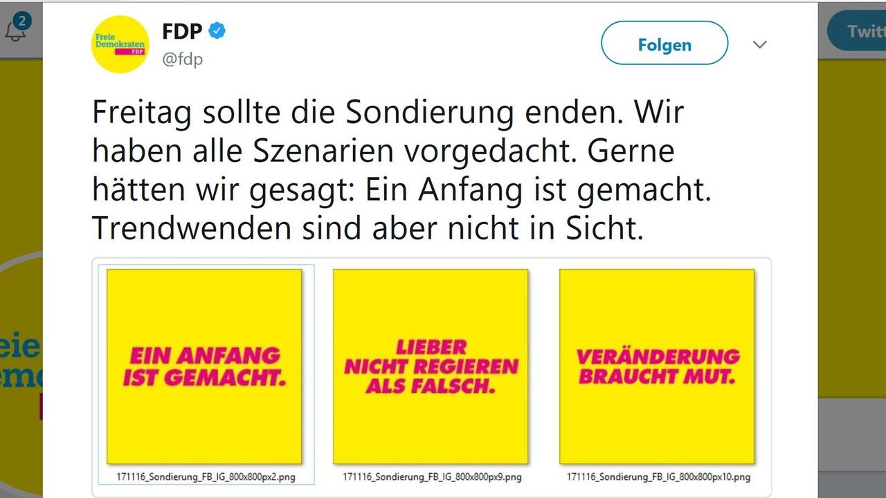 Die FDP verbreitete beim Onlinedienst Twitter folgende Botschaft: "Freitag sollte die Sondierung enden. Wir haben alle Szenarien vorgedacht. Gerne hätten wir gesagt: Ein Anfang ist gemacht. Trendwenden sind aber nicht in Sicht."