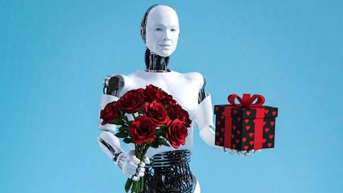 Ein männlicher Roboter mit menschlichen Zügen trägt ein Strauß roter Rosen in der einen und ein Geschenk in schwarzem Papier mit roten Herzen in der anderen Hand.