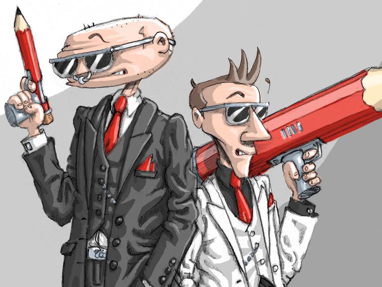 Selbstporträt der Comickünstler Valentin Kopetzki und Jens Bringmann als Gangster mit Bleistiften.