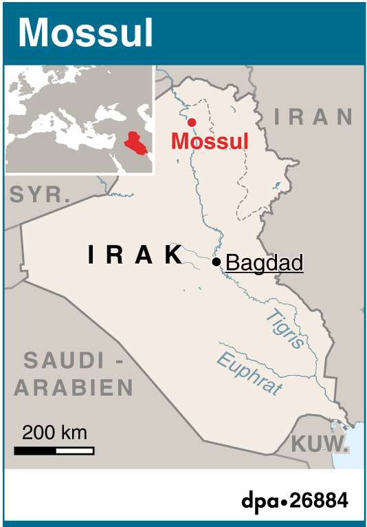 Karte Iraks mit Mossul und Bagdad.