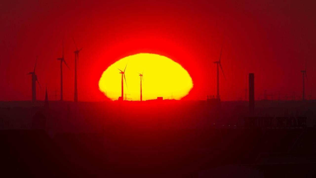 Die Sonne geht in Berlin hinter Windrädern nahe dem Autobahndreieck Pankow auf.