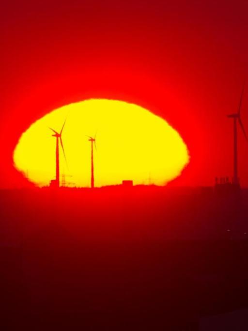 Die Sonne geht in Berlin hinter Windrädern nahe dem Autobahndreieck Pankow auf.