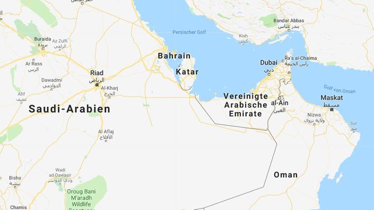Der Kartenausschnitt zeigt Bahrain am Persischen Golf.