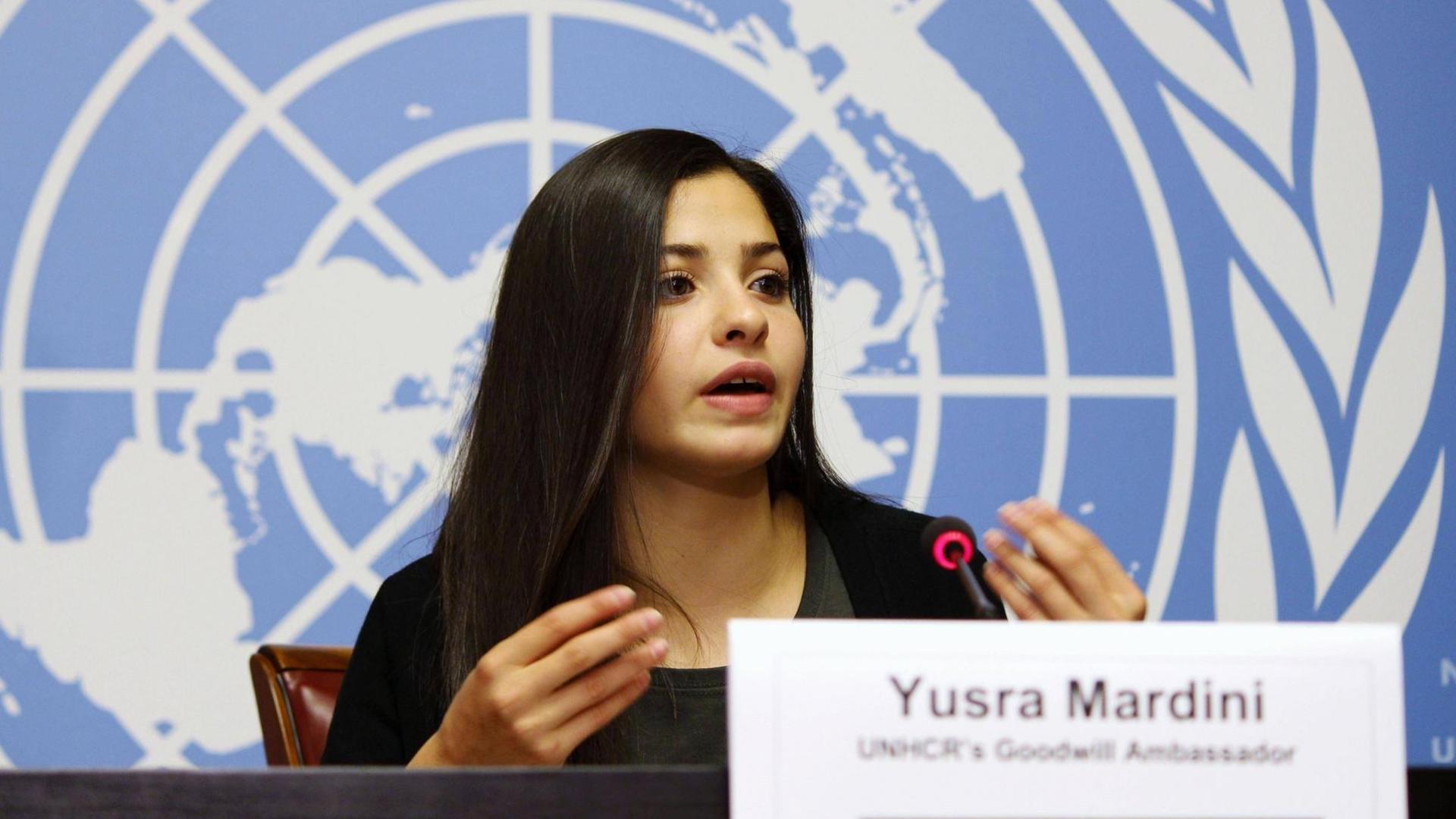 Syrian refugee swimmer becomes UNHCR goodwill envoy Yusra Mardini, a 19-year-old Syrian refugee and an Olympic swimmer, speaks at a news conference in Geneva on April 27, 2017 after being appointed as a UNHCR Goodwill Ambassador. Mardini, who jumped overboard and swam for hours alongside an overloaded boat to reach Greece from Turkey in 2015, took part in the women s 100-meter butterfly as part of the first-ever Refugee Olympic Team at the Rio Olympics. PUBLICATIONxINxGERxSUIxAUTxHUNxONLY Syrian refugee Swimmer becomes UNHCR Goodwill Envoy Yusra Mardini A 19 Year Old Syrian refugee and to Olympic Swimmer Speaks AT A News Conference in Geneva ON April 27 2017 After Being appointed AS A UNHCR Goodwill Ambassador Mardini Who Jumped overboard and swam for Hours alongside to Boat to REACH Greece From Turkey in 2015 took Part in The Women s 100 Metres Butterfly AS Part of The First ever refugee Olympic team AT The Rio Olympics PUBLICATIONxINxGERxSUIxAUTxHUNxONLY
