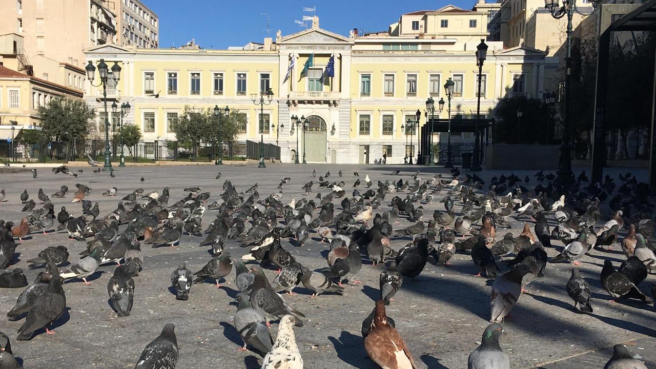Tauben besetzen den menschenleeren Kotzia-Platz in der Stadtmitte Athens.