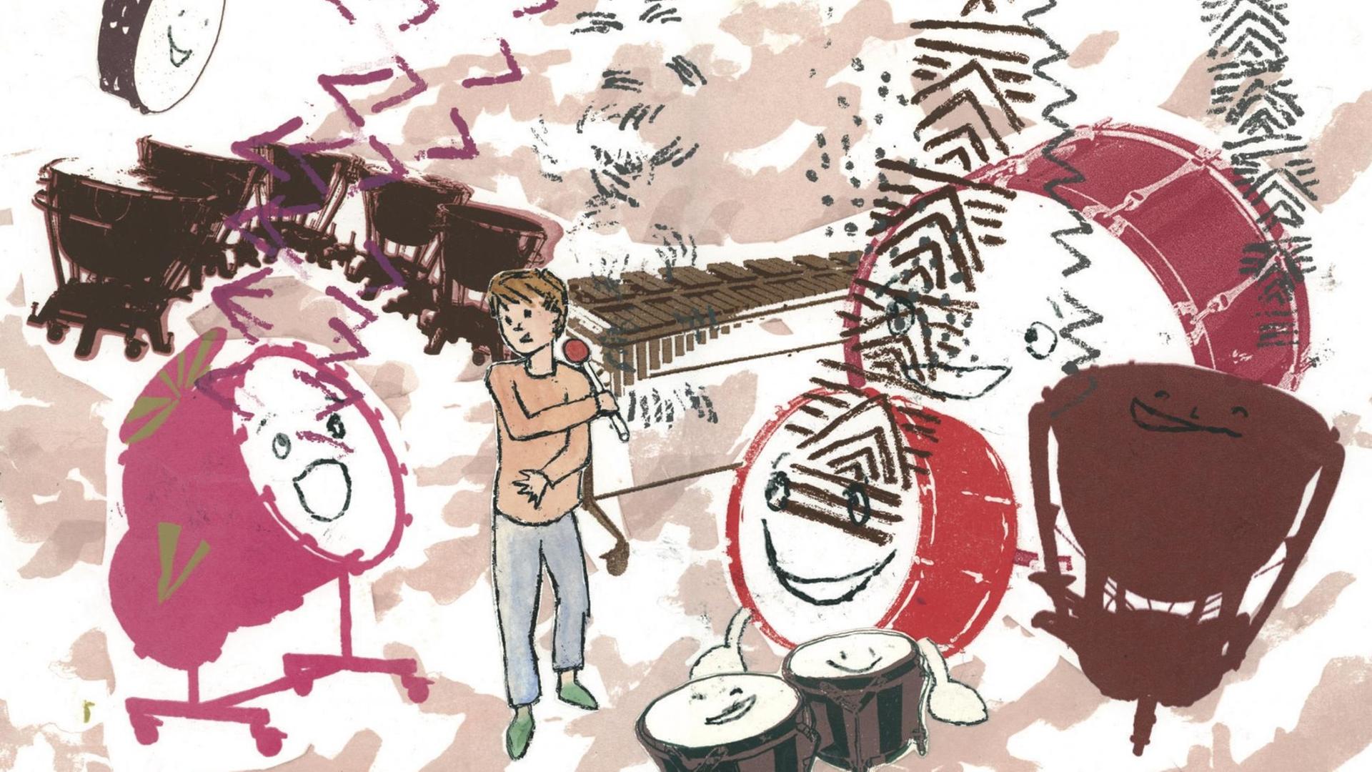 Die Illustration der Zeichnerin Lara Faroqhi zeigt die Trommel Rapauke und einen Jungen, der auf ihr spielt.