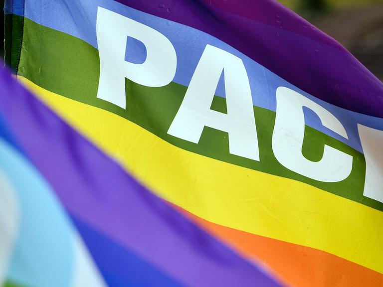 Zwei Regenbogenfahnen mit dem Schriftzug "Pace" wehen im Wind
