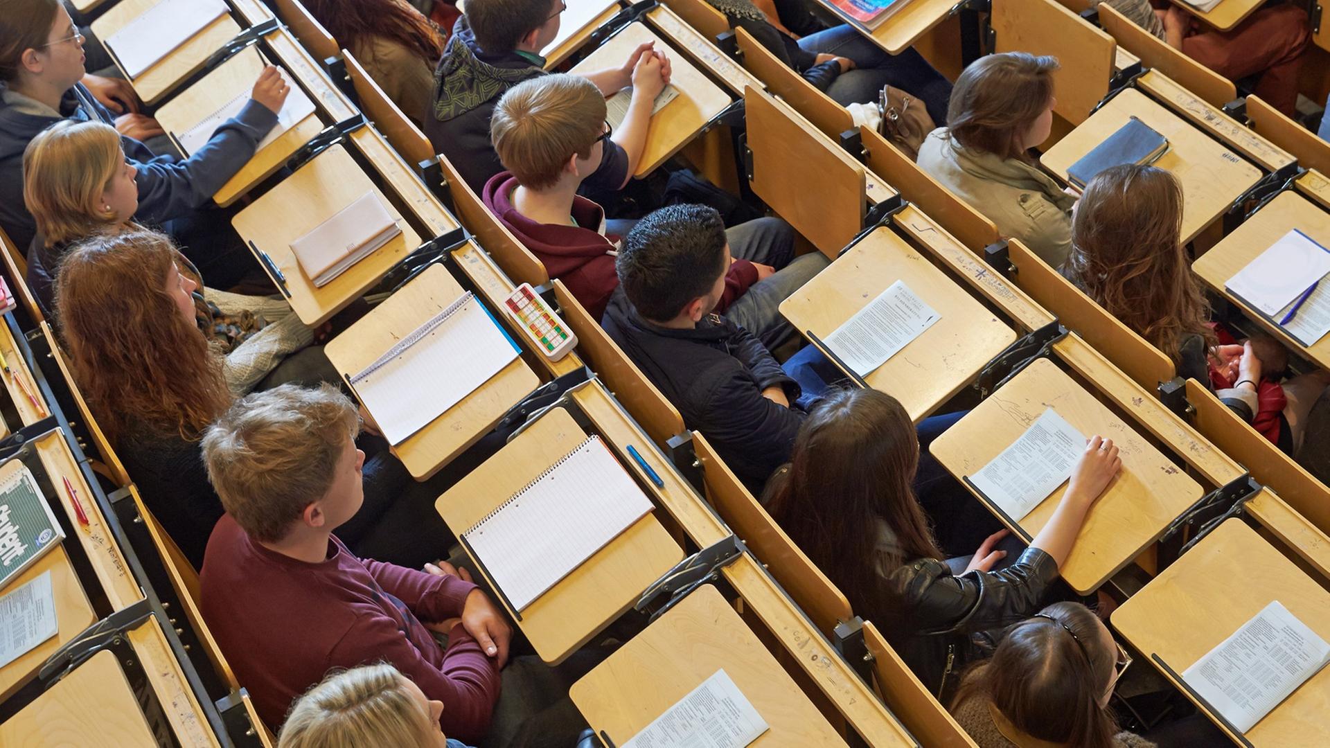 Studenten sitzen in einem Hörsaal bei der Erstsemesterbegrüßung der Universität Koblenz-Landau im April 2014 im Hörsaal.