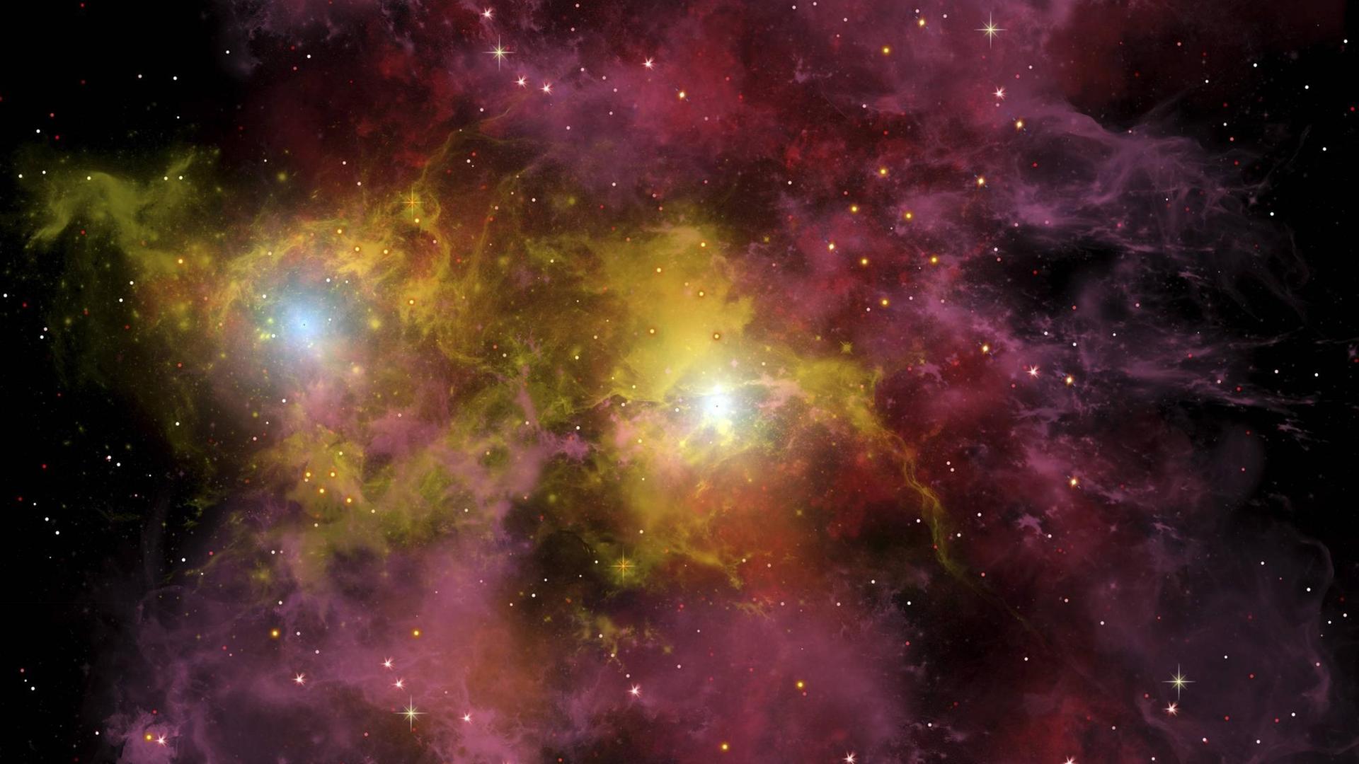Zwei Sterne leuchten aus einem Sternennebel in einer fernen Galaxie.