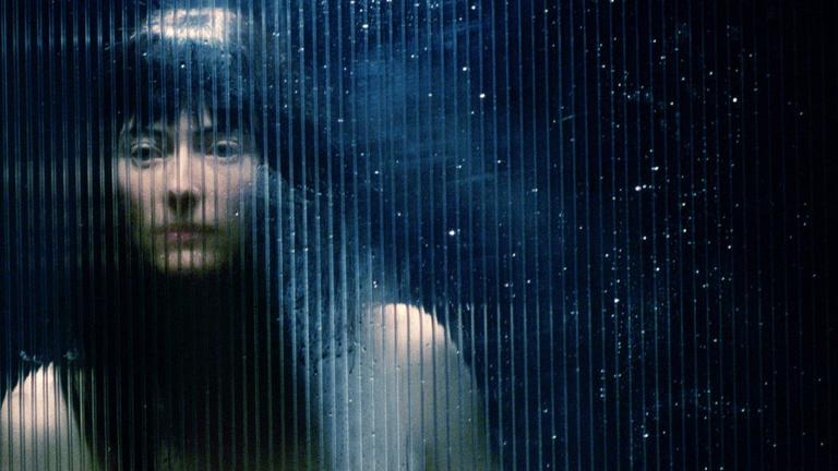 Filmstill aus dem Werk "Teknolust" von Lynn Hershman Leeson. Zu sehen ist eine Frau (Tilda Swinton), schwarze lange Haare, Oberkörper frei, hinter einer Glasscheibe auf der Tropfen zu sehen sind.