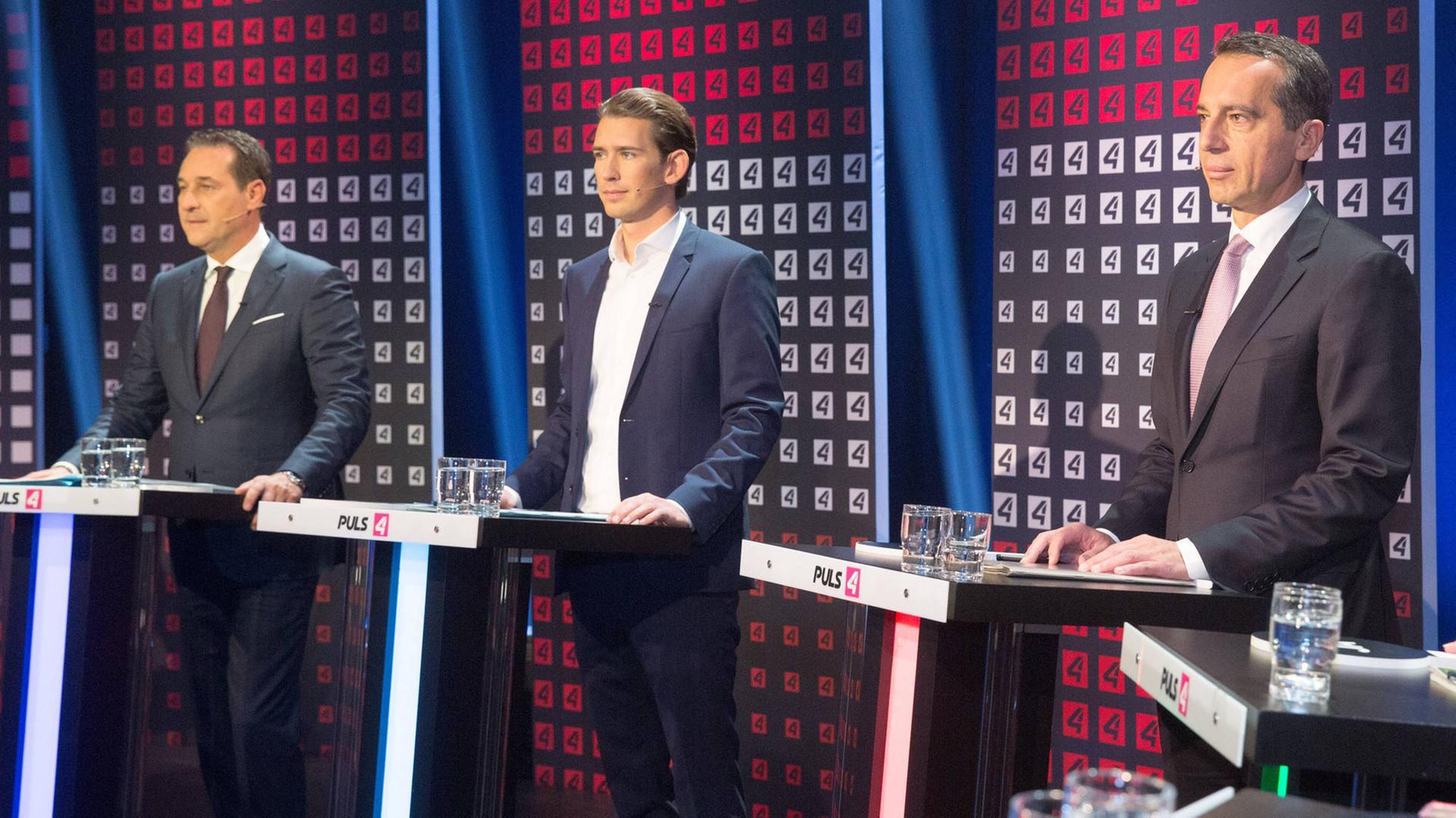 Die Spitzenkandidaten für den österreichischen Nationalrat, Heinz Christian Strache (FPÖ), Außenminister Sebastian Kurz (ÖVP), Bundeskanzler Christian Kern (SPÖ) (v.l.)