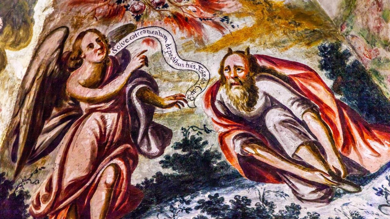 Fresko mit Engel und Teufel, Atotonilco, Mexico.