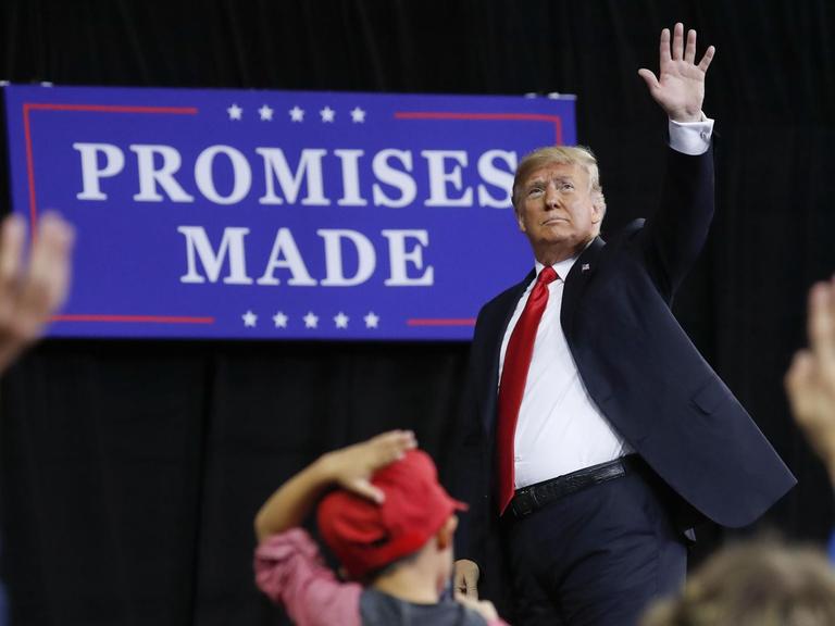 President Donald Trump waves to supporters after speaking at a campaign rally at Kansas Expocentre, Saturday, Oct. 6, 2018 in Topeka, Kan. (AP Photo/Pablo Martinez Monsivais)