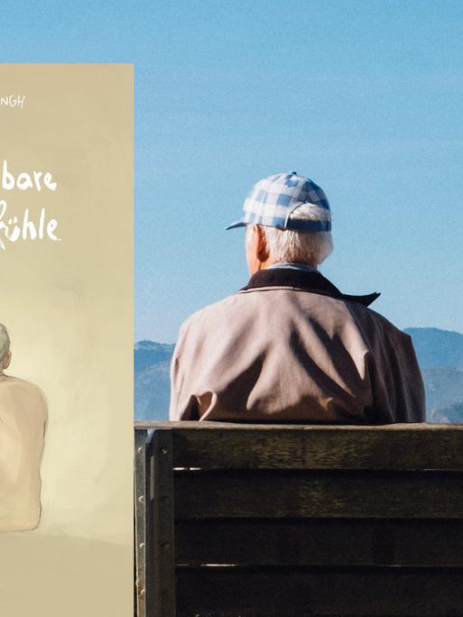 Buchcover: Das unabwendbare Altern der Gefühle vor Hintergrund von zwei älteren Menschen, die auf einer Bank sitzen und in die Ferne schauen.