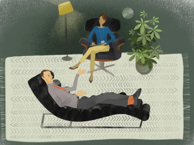 Ein depressiver Mann liegt auf der Couch und spricht mit seiner Therapeutin