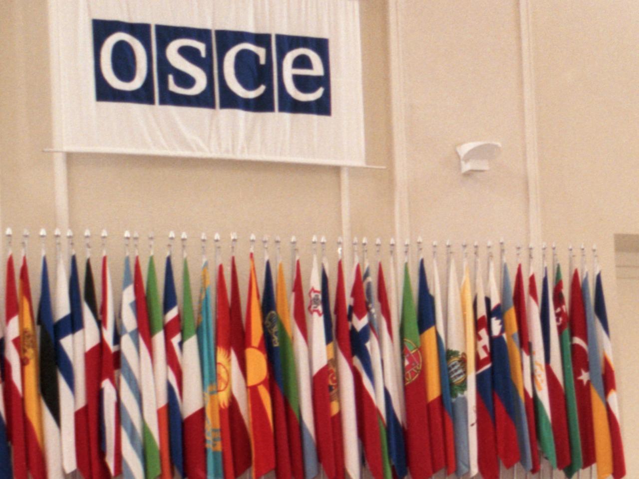 Das OSZE-Logo über Länderflaggen.