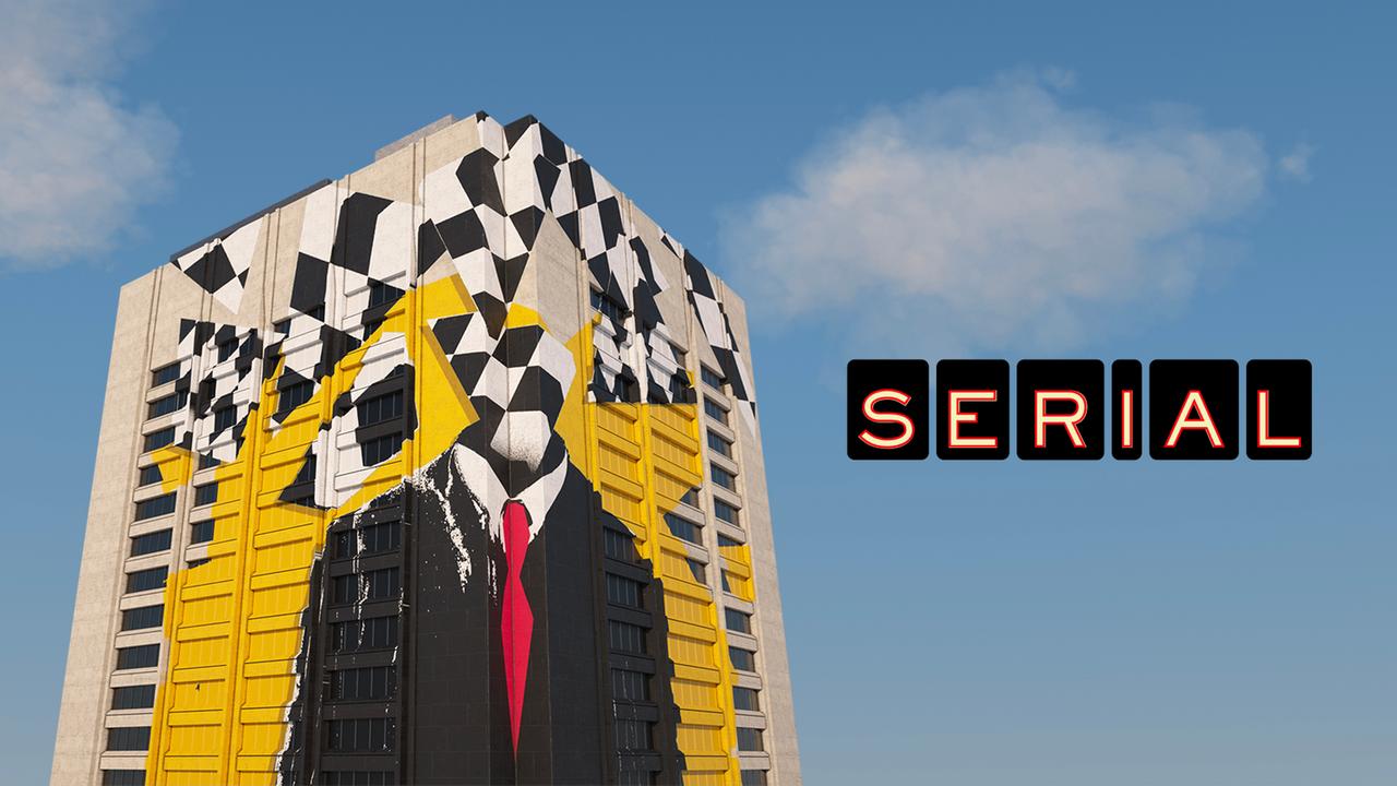 Das Bild zeigt das Hochhaus des Justizzentrums in Cleveland (Ohio). Auf der Gebäudewand ist ein Wandbild nachträglich ergänzt worden. Rechts ist das Logo des Podcasts "Serial" zu sehen.