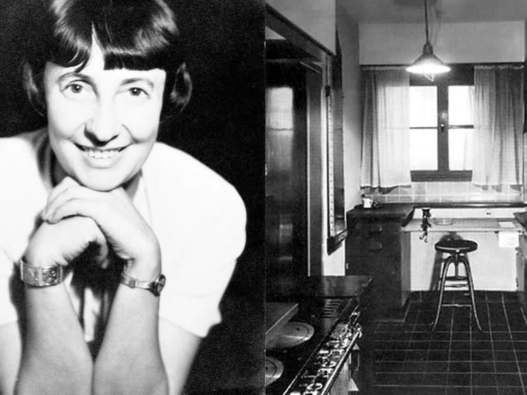 Bildmontage: Links ist ein SW-Foto von Margerete Schütte-Lihotzky zu sehen. Rechts die sogenannte "Frankfurter Küche", die sie entworfen hat.